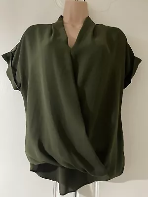 Miss Selfridge Khaki Green Blouse/top With Lace Trim To Back Short Sleeve Size 6 • £5.99