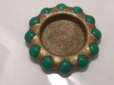 Vintage Fisher Jewel Tray Active Green Marbles Hammered Brass Tray 3.25  • $37.57