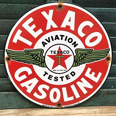 Vintage 1949 Dated Texaco Aviation Tested Gasoline Porcelain Sign Gas Oil • $29.99