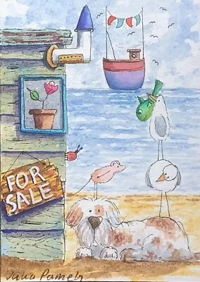 ACEO Original Watercolour Painting Seascape Beach Hut Dog Mouse Ship • £12.50