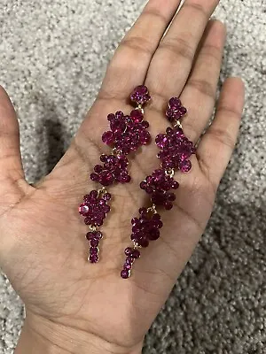 Pink Fuchsia Earrings Long Dangle Pageant Rhinestone Crystal Magenta 3.25” • $14