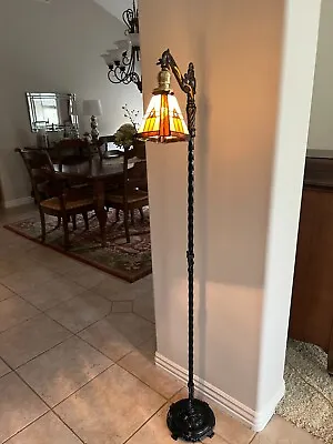Vintage Cast Iron Floor Lamp Restored W/Paint Wiring & Mission Style Shade • $175