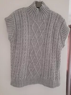 Womans Grey Chunky Knit Polo Neck  Jumper Waistcoat Size S/M • £0.99