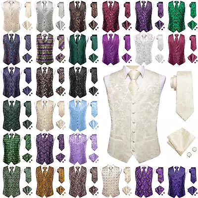 Formal Vest Tie Set Paisley Mens Silk Waistcoat Tuxedo Gilet Hankie Cufflinks • $31.20