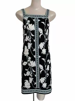 Mary McFadden Floral Print Geometric Black Turquoise & White Sleeveless Dress 4  • $30