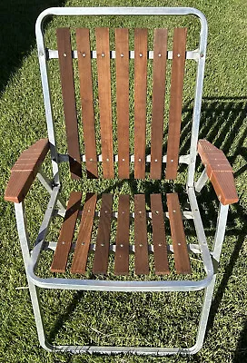 Wood 7 Slat & Aluminum Folding Lawn Chair Vintage MCM • $55