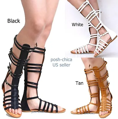 New Women Tan Black White Strappy Gladiator Knee High Tall Sandals • $27.99