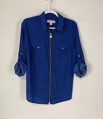Michael Kors Women’s Dress Casual Blouse L Blue Tab Sleeves Full Zip Chest PKT • $15.14