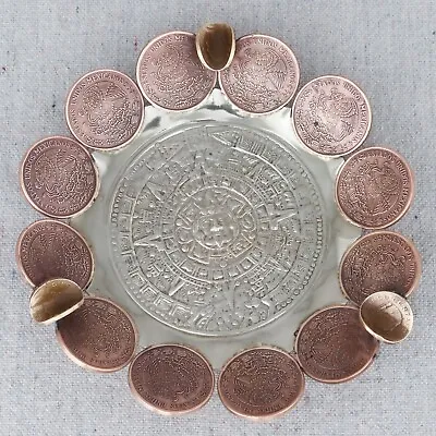 $9.99 • Buy 1970s Mexican 20 Centavo Coin Alpaca Silver Aztec Calendar Folk Art Ashtray Dish