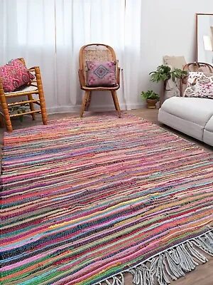 Rug Rag Rugs Multi Colour Mat Recycled Cotton Hand Woven Chindi Mats Rainbow • £159