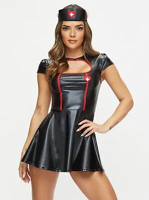 Ann Summers Naughty Nurse Outfit Black PU Sexy Mini Dress Sizes 4~24 • £35.95