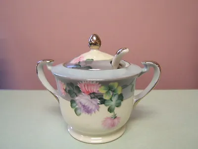 Noritake Porcelain Japan Hand Painted Covered Sugar Bowl Jam Jelly W/ Spoon VGC • $14.99