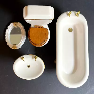 1:12 Porcelain Miniature Bathroom Set Tub Toilet Sink Mirror NEW White Flowers W • $13.99