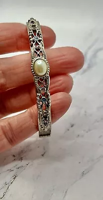 Vintage Victorian Revival Hinged Bangle Bracelet Silver Tone Filigree Crystals • $9.99