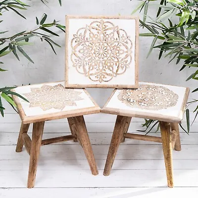 White Washed Rustic Shabby Chic Wooden Hand Carved Mango Wood Stool Plant Stand • £25.95