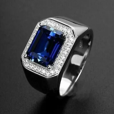 3CT Emerald Cut Lab-Created Sapphire Diamond Men's Ring 14K White Gold Plated • $97.01