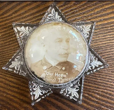 Antique Victorian Goofus Glass 7 Point Star Paperweight Our Hero Admiral Dewey • $75.99