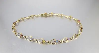 Vtg. 14K Yellow Gold Heart Link Bracelet Multi Color Gemstones 4.27 Grams • £241.04