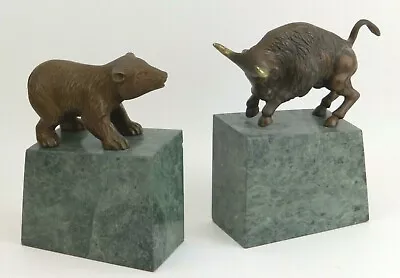 Mid Century Bear & Bull Brass Green Marble Bookends Wall Street Stock Market • $37.50