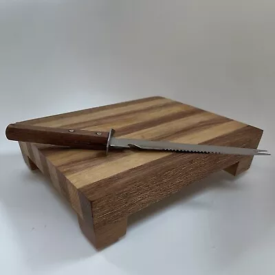 VTG 60’ Japanese Style Footed Mixed Woods Cutting Board 9”x11”x2.5” & Knife EUC • $64.99