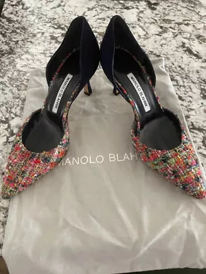 Brand New Manolo Blahnik Pointy Toe Pump Heels Shoes Tweed/Suede Navy Sz 38 • $325