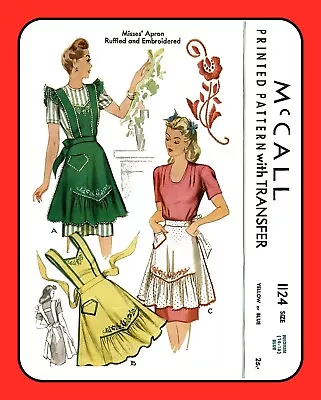 APRON Bib Or Waist Embroidered McCall 1124 RARE Vtg 1944 Craft Sewing Pattern • $6.50