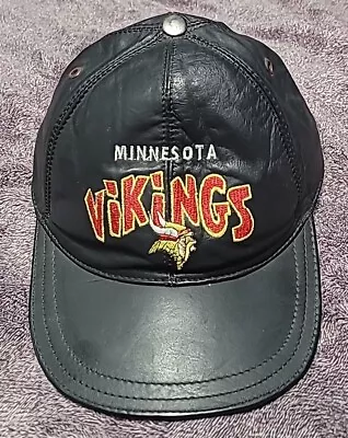 Rare Vintage Minnesota Vikings Modern Hat Cap Genuine Leather Team NFL Black Red • $14.99