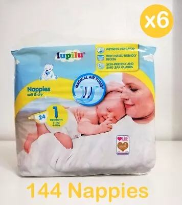 (6 Pack) Size 1 Newborn Nappy Soft & Dry - 144 Nappies (2-5 Kg/4-11 Lbs) • £19.99