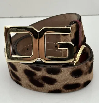 Dolce & Gabbana Leopard Print Calf Hair D&g Gold Buckle Belt 90/36 • £213.79