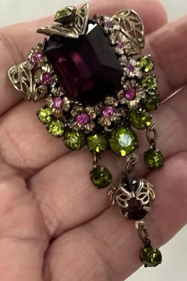 VTG BROOCH Miriam Haskell? Dangling Filigree Purple Green Pink Rhinestone • $69.99