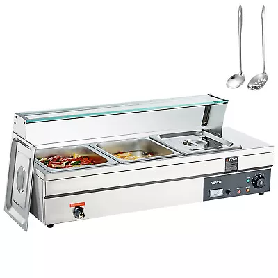 VEVOR Food Warmer 3x12Qt Bain Marie Steam Table Buffet Pan Cabinet W/ Shield • $159.99