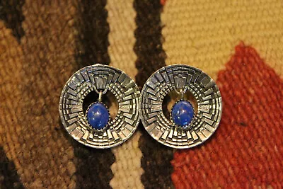 Vintage Aztec Design Lapis Lazuli Sterling Silver Post Earrings • $35