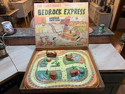 HANNA VINTAGE MARX FLINTSTONES Bedrock Express 1960's & Wind Up Handcar With BOX • $349.95