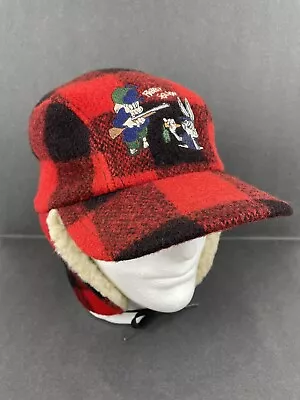 Vintage Bugs Bunny Elmer Fudd Hat Cap Trapper Made USA Wool 90's Red Black Plaid • $39.99