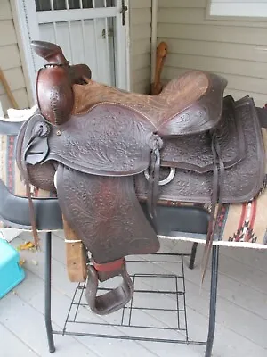 15'' Vintage Pioneer Big Horn Cutter  #59 Brown Tooled Western Saddle Qhb 31.8 • $275