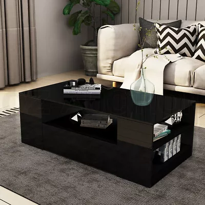 Extra Length 120cm Coffee Table Storage Shelf High Gloss Wooden 2 Drawers Black • $149.95