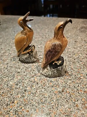 2 X Bird Figurines Carved Water  Buffalo Horn Fowl & Eagle 5 Inches Vintage • $20