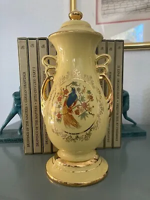 Vintage Hand Painted Porcelain Pottery Vase With Handles Peacock Scene • $10