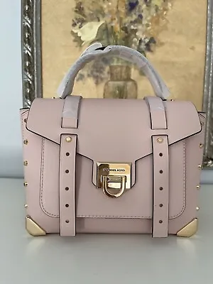 NWT Michael Kors Manhattan Medium Contrast-Trim Leather Satchel In Powder Blush • £142.48