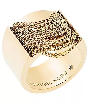 New Michael Kors Gold Tonefringe Chain Swag Barrel Ringband Mkj5795 Size 7 • $148.74