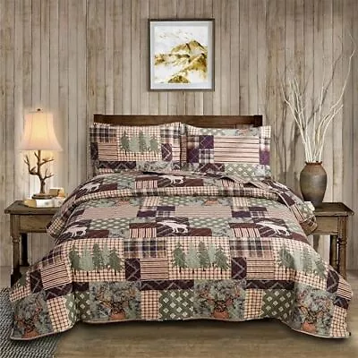 3-Piece Moose Pine Tree Reversible Quilt Set Checked Color Stripe Rustic Hom... • $55.30