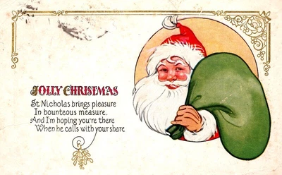 $4.99 • Buy Santa With Green Knapsack Jolly Christmas 1923 Postcard