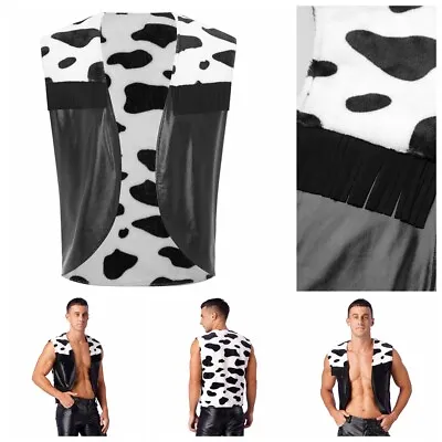 Mens Vest Halloween Cow Print Costume Cowboy Carnival Top Theme Tassel Clubwear • $11.29