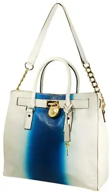 Michael Kors Hamilton Large Satchel Bag White Blue Leather Crossbody Tote Purse  • $349.99