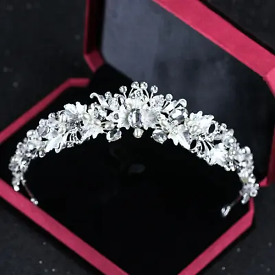 £37.25 • Buy Silver Crown/tiara With Clear Crystals & Silver Pearls & Leaves, Wedding Bridal 