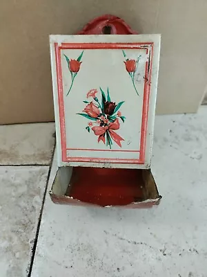 Vintage Tin Metal Match Box Holder Wall Mount ~ Red/Purple Roses ~ Rustic Decor • $14.35