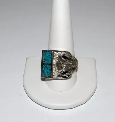 Turquoise Chip Inlay Rams Head Mens Ring Size 11.5 Silver Tone • $19.98