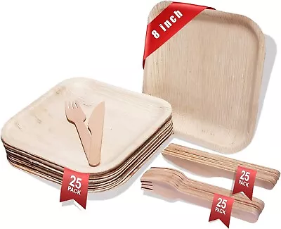 HABBIBI Bamboo Plates Disposable With Cutlery (25 Forks & 25 Knives) - 8 Inch • $16.99