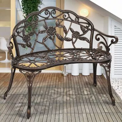 Garden Bench Floral Rose Accented Bronze Garden Bench Outdoor Steel Yard Bench • $115.72