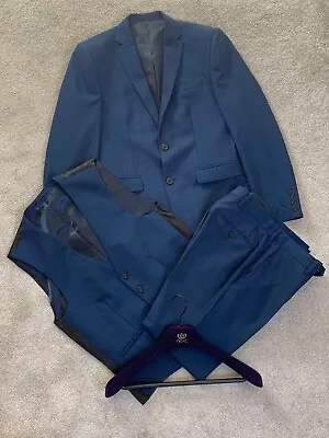 Next Blue Slim Wool Blend 3 Piece Suit - Jacket 38S Waistcoat 36R Trousers 30S • £18